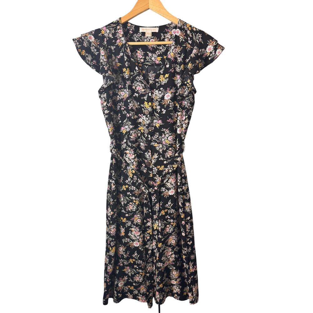 Monteau Dress Womens Small Floral Ruffle Cottagecore Midi Modest Black Feminine